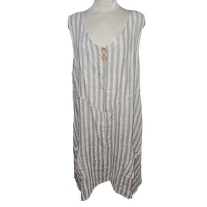 Linen Italy Tunic Dress Grey & White Stripe Bohemian Pockets